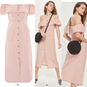 Topshop Linen Bardot Button Front Midi Dress